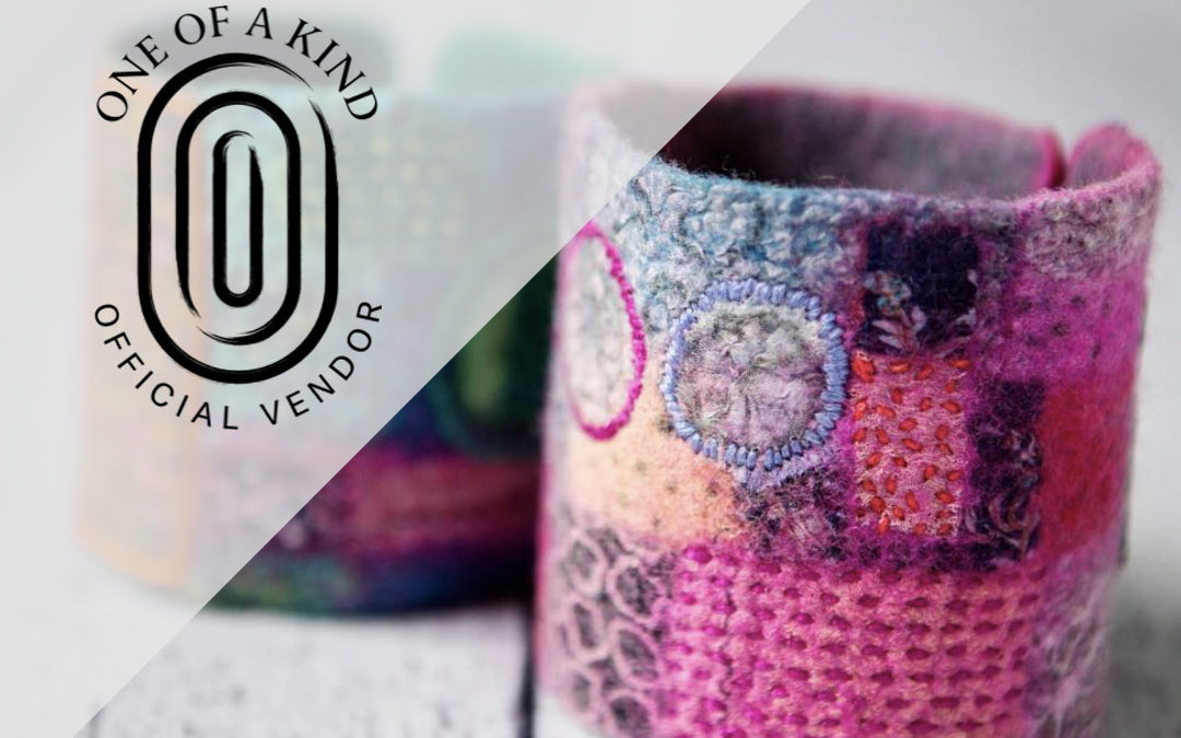 Image of felted pink cuffs and the One of a Kind Show Logo